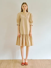 Women's Linen Mini Dress with Puff Sleeves and Drop Waist – Short A-Line Dress with Tie Back