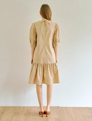 Women's Linen Mini Dress with Puff Sleeves and Drop Waist – Short A-Line Dress with Tie Back