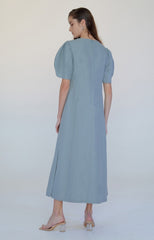 Women's Midi Linen Dress with Puff Sleeves and V-Neckline – Elegant Summer Style