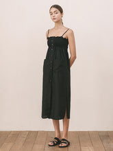 Women's Linen Smocked Midi Dress with Button Front and Spaghetti Straps – Lightweight Summer Style