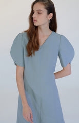 Women's Midi Linen Dress with Puff Sleeves and V-Neckline – Elegant Summer Style