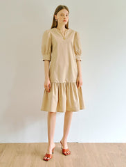 Women's Linen Mini Dress with Puff Sleeves and Drop Waist – Short A-Line Dress with Tie Back