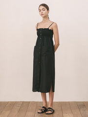 Women's Linen Smocked Midi Dress with Button Front and Spaghetti Straps – Lightweight Summer Style