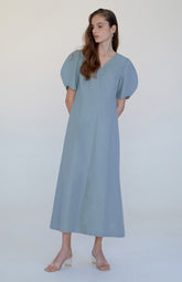 Women's Midi Linen Dress with Puff Sleeves and V-Neckline – Elegant Summer Style
