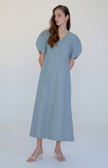 Women's Midi Linen Dress with Puff Sleeves and V-Neckline – Elegant Summer Style