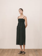 Women's Linen Smocked Midi Dress with Button Front and Spaghetti Straps – Lightweight Summer Style