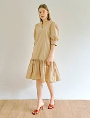 Women's Linen Mini Dress with Puff Sleeves and Drop Waist – Short A-Line Dress with Tie Back