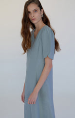 Women's Midi Linen Dress with Puff Sleeves and V-Neckline – Elegant Summer Style