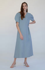 Women's Midi Linen Dress with Puff Sleeves and V-Neckline – Elegant Summer Style