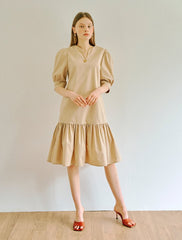 Women's Linen Mini Dress with Puff Sleeves and Drop Waist – Short A-Line Dress with Tie Back