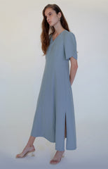 Women's Midi Linen Dress with Puff Sleeves and V-Neckline – Elegant Summer Style