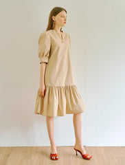 Women's Linen Mini Dress with Puff Sleeves and Drop Waist – Short A-Line Dress with Tie Back