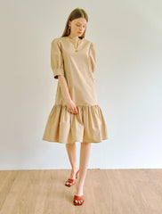 Women's Linen Mini Dress with Puff Sleeves and Drop Waist – Short A-Line Dress with Tie Back