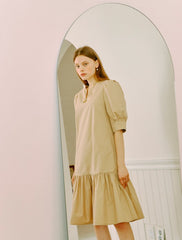 Women's Linen Mini Dress with Puff Sleeves and Drop Waist – Short A-Line Dress with Tie Back