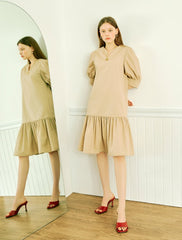 Women's Linen Mini Dress with Puff Sleeves and Drop Waist – Short A-Line Dress with Tie Back