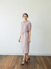 Linen Midi Dress with Ruffled Collar and Tie Waist – Elegant Short Sleeve Women's Dress