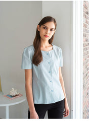 Short Sleeve Linen Blouse with Square Neckline and Darted Fit for Feminine Silhouette