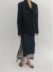 Tailored Double-Breasted Linen Blazer With Pearl Button Accents And Structured Silhouette