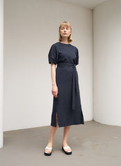 Women's Navy Linen Midi Dress – Short Wide Sleeve Belted Dress with Side Slit Detail