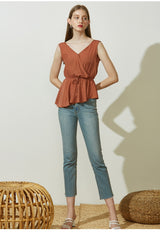 Sleeveless Wrap Linen Top with Adjustable Waist Tie and Flared Hem for Summer Elegance