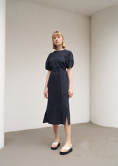 Women's Navy Linen Midi Dress – Short Wide Sleeve Belted Dress with Side Slit Detail