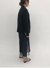 Tailored Double-Breasted Linen Blazer With Pearl Button Accents And Structured Silhouette