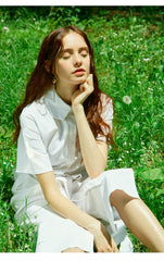 Short-Sleeve Linen Shirt Dress With Waist Tie And Side Slit