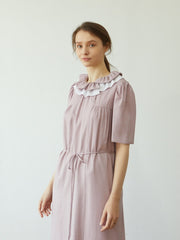 Linen Midi Dress with Ruffled Collar and Tie Waist – Elegant Short Sleeve Women's Dress