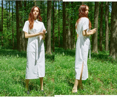 Short-Sleeve Linen Shirt Dress With Waist Tie And Side Slit