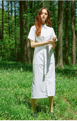 Short-Sleeve Linen Shirt Dress With Waist Tie And Side Slit