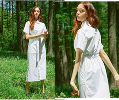 Short-Sleeve Linen Shirt Dress With Waist Tie And Side Slit
