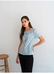Short Sleeve Linen Blouse with Square Neckline and Darted Fit for Feminine Silhouette
