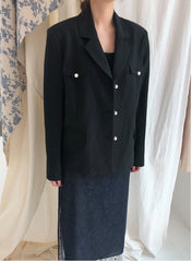 Tailored Double-Breasted Linen Blazer With Pearl Button Accents And Structured Silhouette