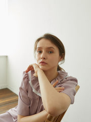 Linen Midi Dress with Ruffled Collar and Tie Waist – Elegant Short Sleeve Women's Dress