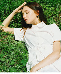 Short-Sleeve Linen Shirt Dress With Waist Tie And Side Slit