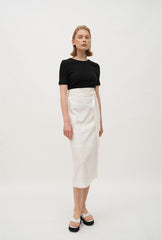 High-Waisted Wrap Linen Midi Skirt with Back Slit and Tie Waist for Elegant Styling