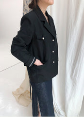 Tailored Double-Breasted Linen Blazer With Pearl Button Accents And Structured Silhouette