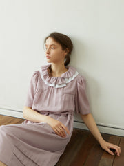 Linen Midi Dress with Ruffled Collar and Tie Waist – Elegant Short Sleeve Women's Dress