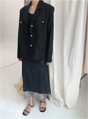 Tailored Double-Breasted Linen Blazer With Pearl Button Accents And Structured Silhouette