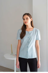 Short Sleeve Linen Blouse with Square Neckline and Darted Fit for Feminine Silhouette