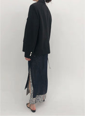 Tailored Double-Breasted Linen Blazer With Pearl Button Accents And Structured Silhouette