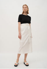 High-Waisted Wrap Linen Midi Skirt with Back Slit and Tie Waist for Elegant Styling