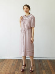 Linen Midi Dress with Ruffled Collar and Tie Waist – Elegant Short Sleeve Women's Dress