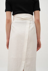 High-Waisted Wrap Linen Midi Skirt with Back Slit and Tie Waist for Elegant Styling