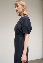 Women's Navy Linen Midi Dress – Short Wide Sleeve Belted Dress with Side Slit Detail