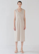 Sleeveless Button-Front Linen Midi Dress for Women with Square Neckline and Flattering Fit