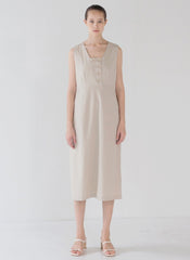 Sleeveless Button-Front Linen Midi Dress for Women with Square Neckline and Flattering Fit