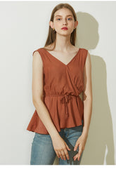 Sleeveless Wrap Linen Top with Adjustable Waist Tie and Flared Hem for Summer Elegance