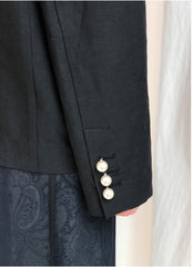 Tailored Double-Breasted Linen Blazer With Pearl Button Accents And Structured Silhouette