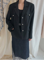 Tailored Double-Breasted Linen Blazer With Pearl Button Accents And Structured Silhouette